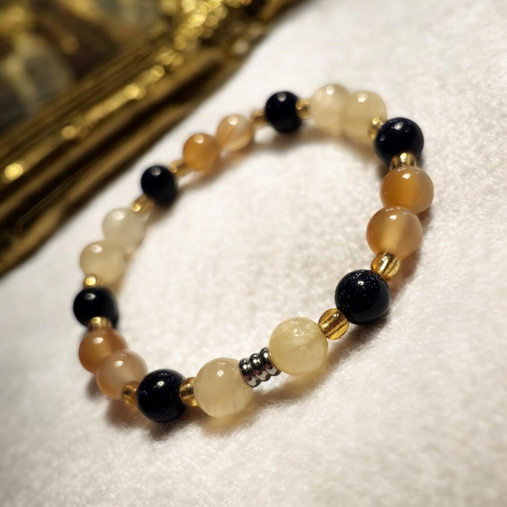 Carnelian, Yellow Selenite & Galaxy Sandstone Handcrafted Gemstone Bracelet